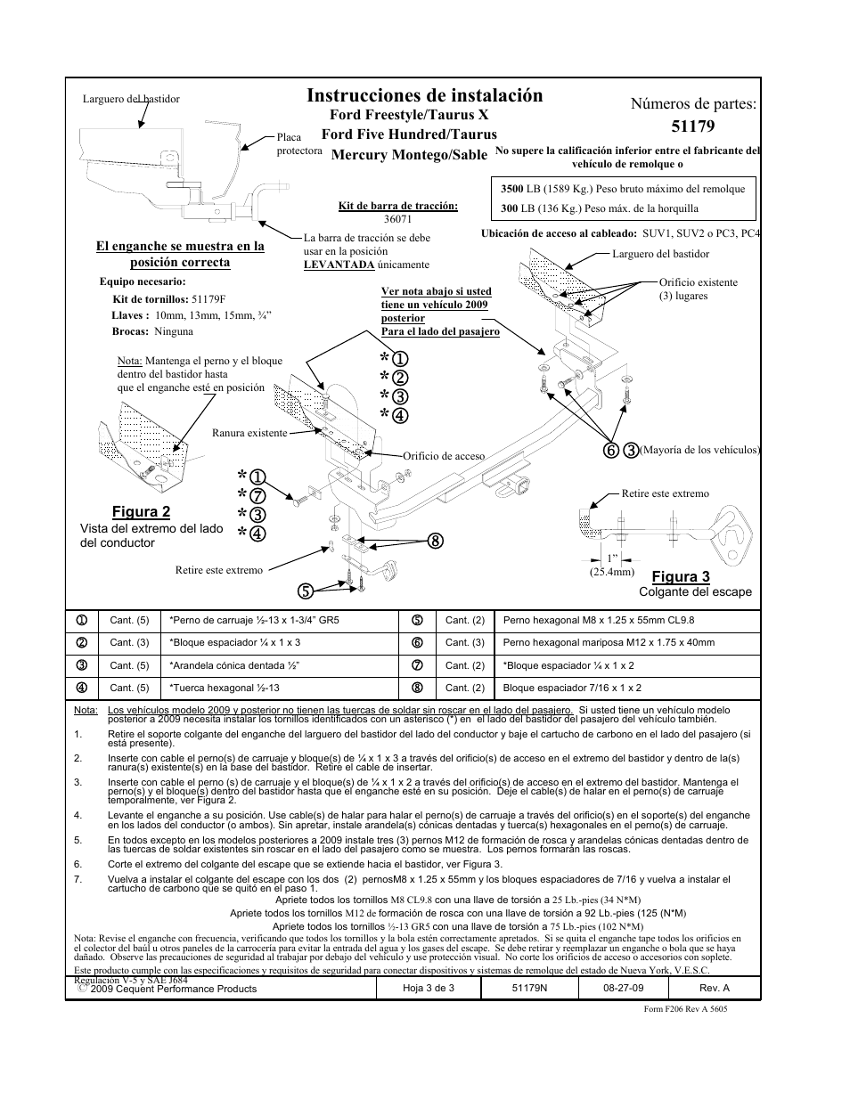 Instrucciones de instalación, Números de partes | Pro Series 51179 51 Receiver User Manual | Page 3 / 3