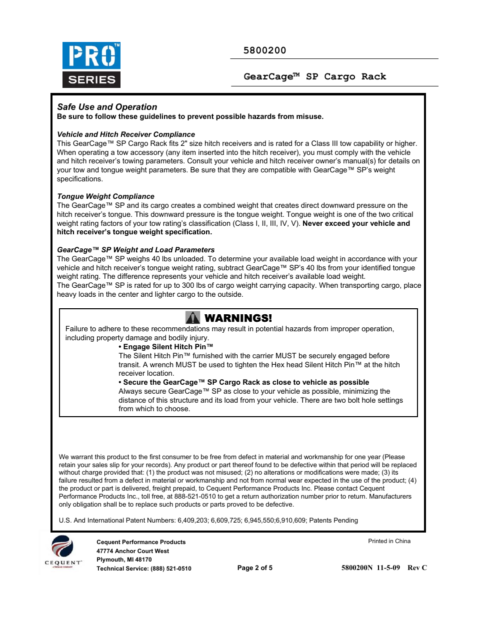 Warnings | Pro Series 5800200 CARGO CARRIER User Manual | Page 2 / 5