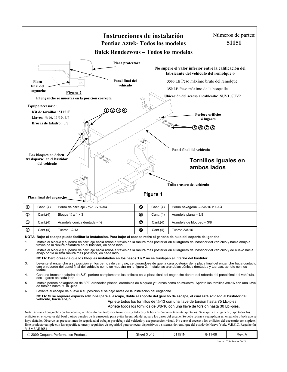 Instrucciones de instalación, Tornillos iguales en ambos lados, Números de partes | Pro Series 51151 51 Receiver User Manual | Page 3 / 3