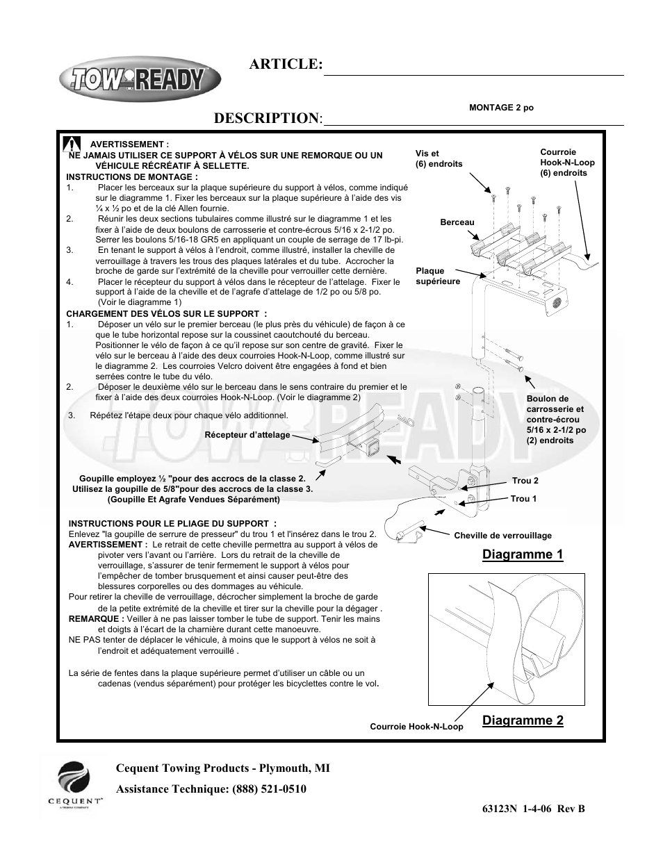 Article: description, Diagramme 1 diagramme 2 | Pro Series 63123 BIKE CARRIERS User Manual | Page 3 / 6