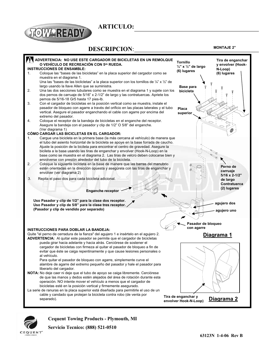 Articulo: descripcion, Diagrama 1 diagrama 2 | Pro Series 63123 BIKE CARRIERS User Manual | Page 5 / 6