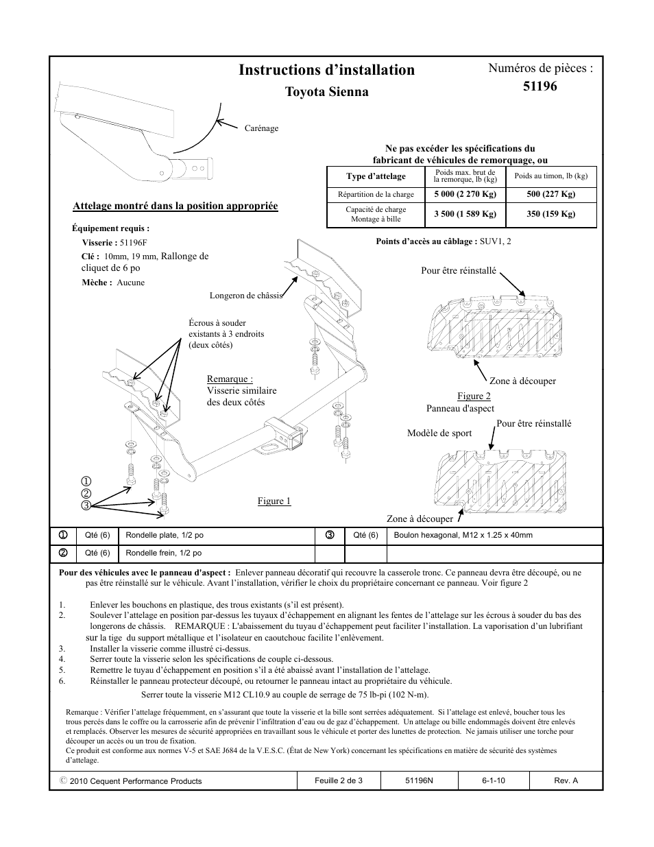 Instructions d’installation, Toyota sienna, Numéros de pièces | Pro Series 51196 51 Receiver User Manual | Page 2 / 3