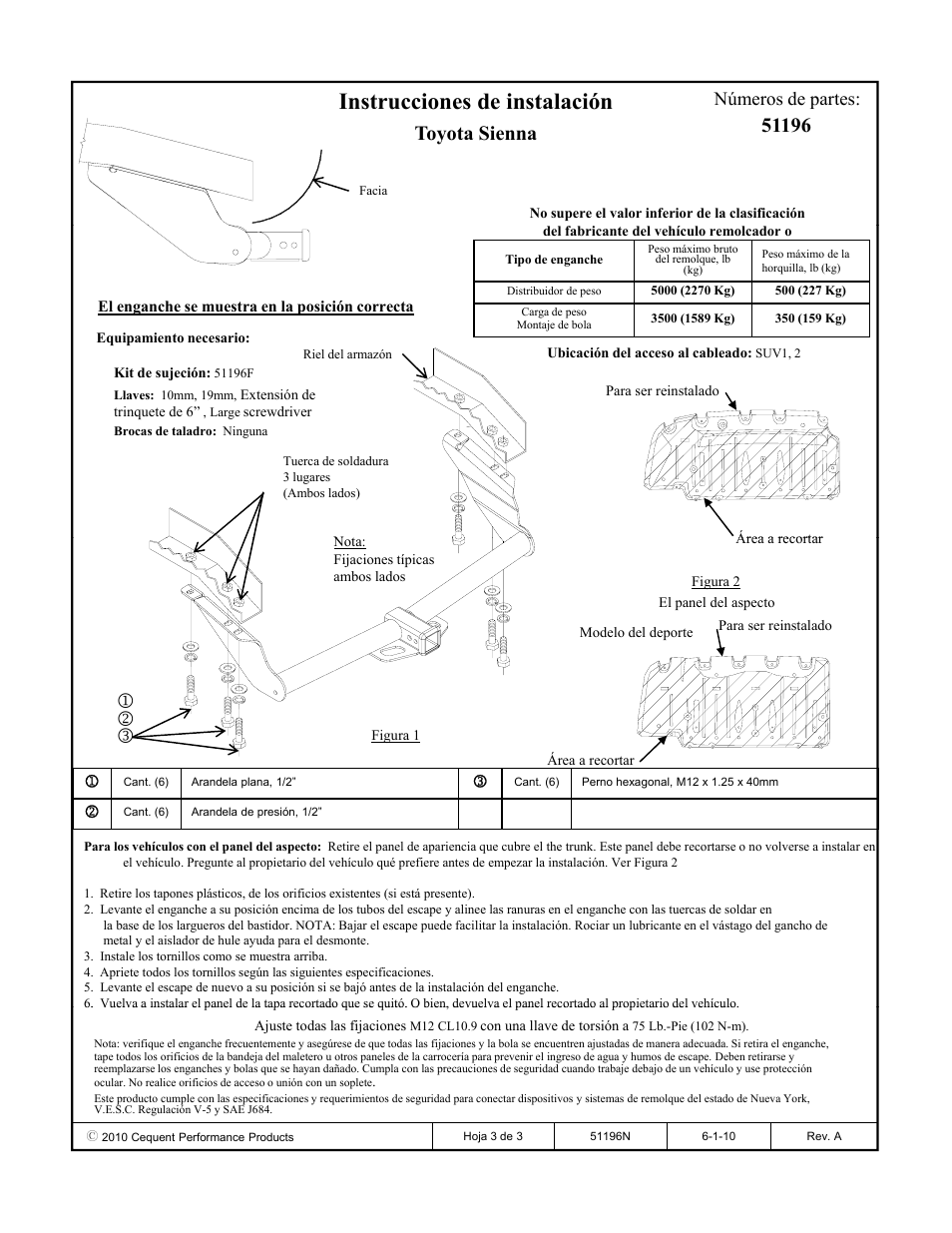 Instrucciones de instalación, Toyota sienna, Números de partes | Pro Series 51196 51 Receiver User Manual | Page 3 / 3