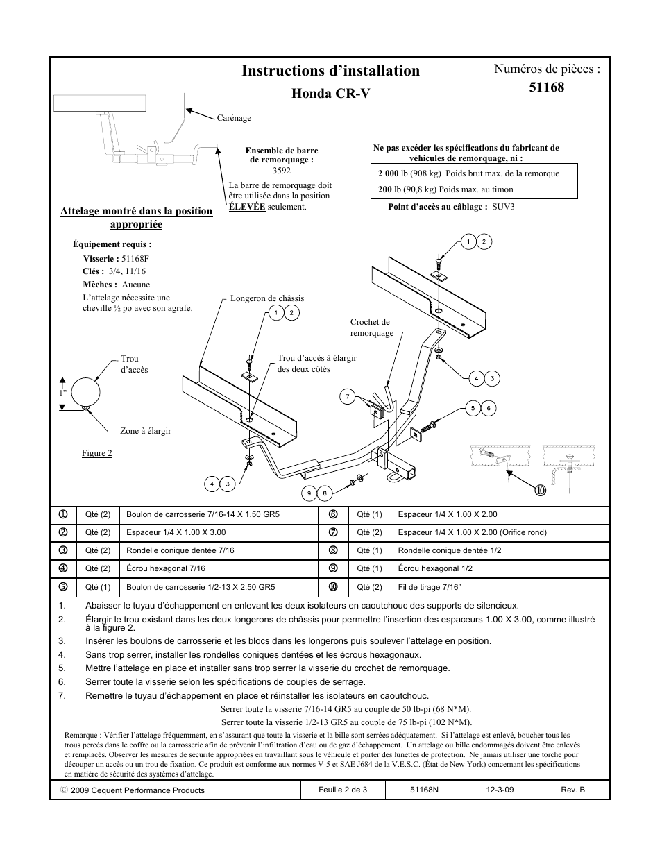 Instructions d’installation, Honda cr-v, Numéros de pièces | Pro Series 51168 51 Receiver User Manual | Page 2 / 3