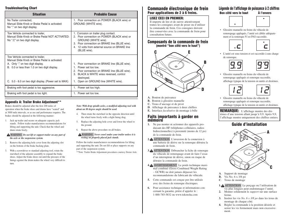 Commande électronique de frein, Guide d’installation, Composants de la commande de frein | Faits importants à garder en mémoire, Ac b | Pro Series 80550 PILOT FOR 1 TO 3 AXLE TRAILERS User Manual | Page 2 / 5