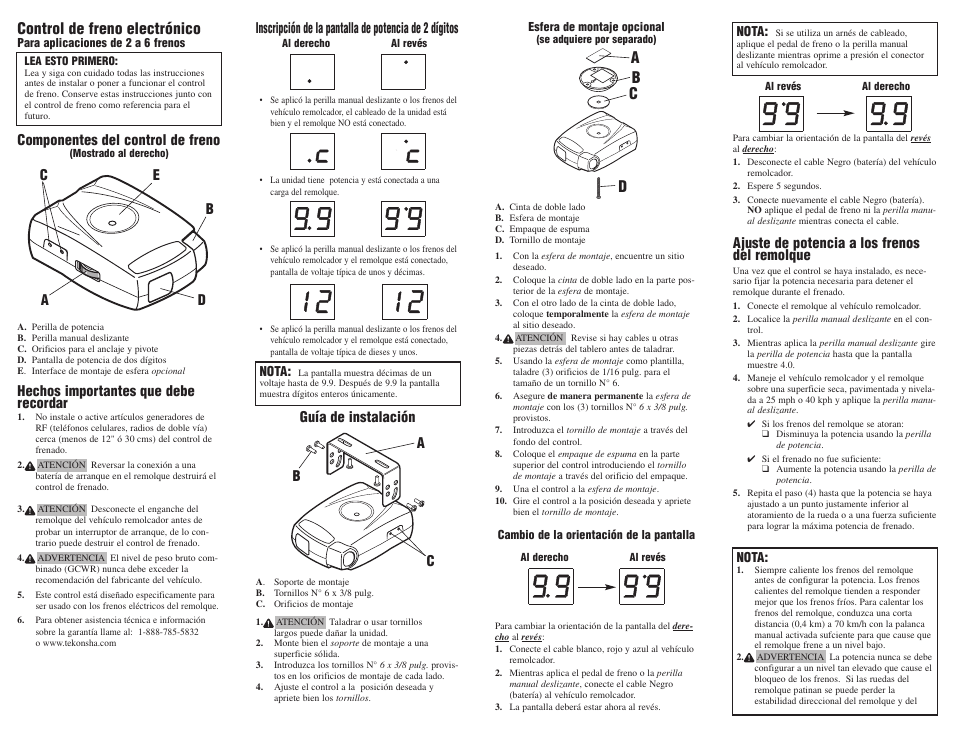 Control de freno electrónico, Ba c d, Guía de instalación | Componentes del control de freno, Hechos importantes que debe recordar, Ac b, Ajuste de potencia a los frenos del remolque | Pro Series 80550 PILOT FOR 1 TO 3 AXLE TRAILERS User Manual | Page 4 / 5