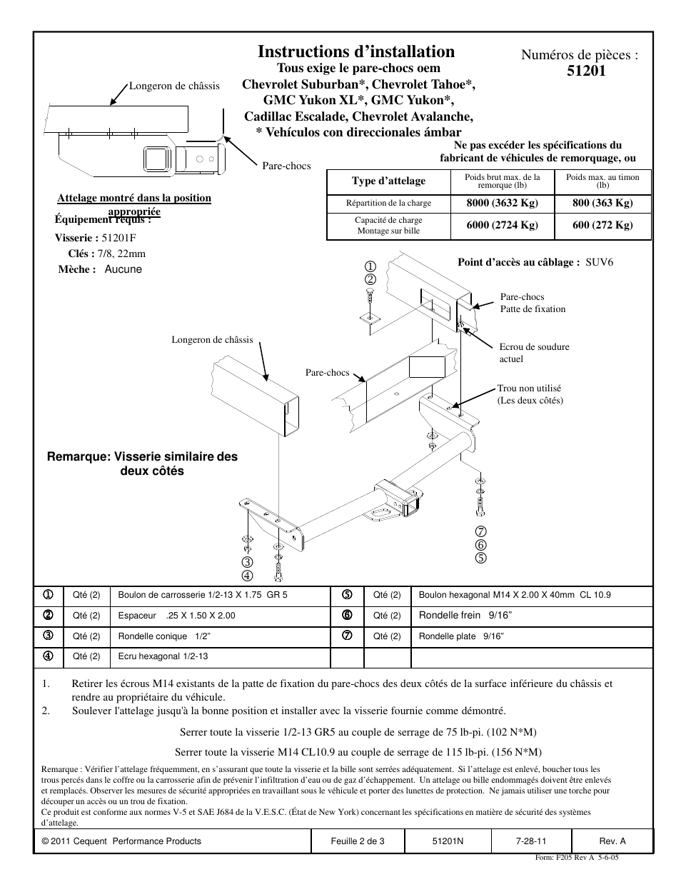 Instructions d’installation, Numéros de pièces | Pro Series 51201 51 Receiver User Manual | Page 2 / 3