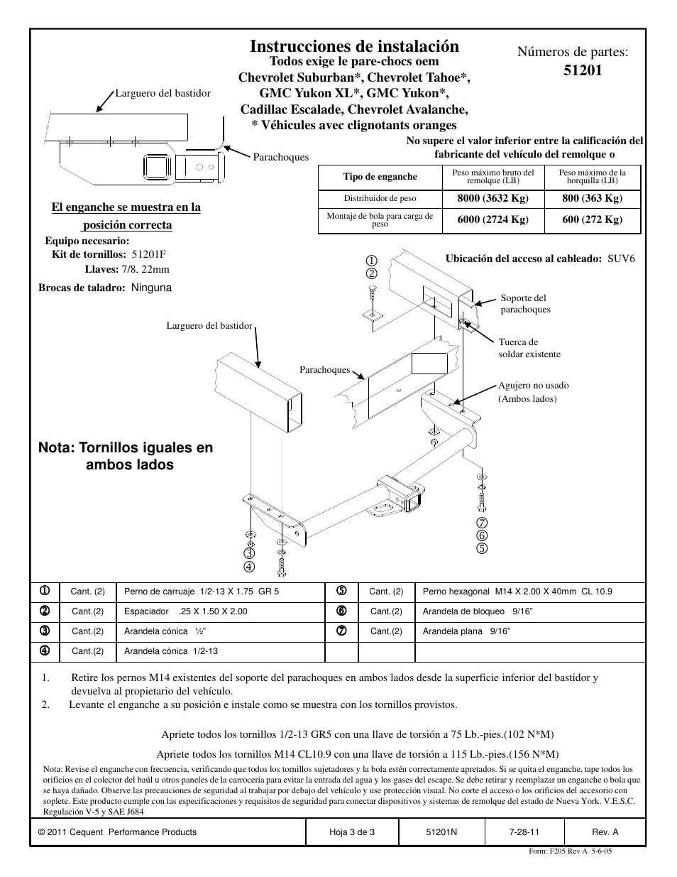 Instrucciones de instalación, Números de partes, Nota: tornillos iguales en ambos lados | Pro Series 51201 51 Receiver User Manual | Page 3 / 3