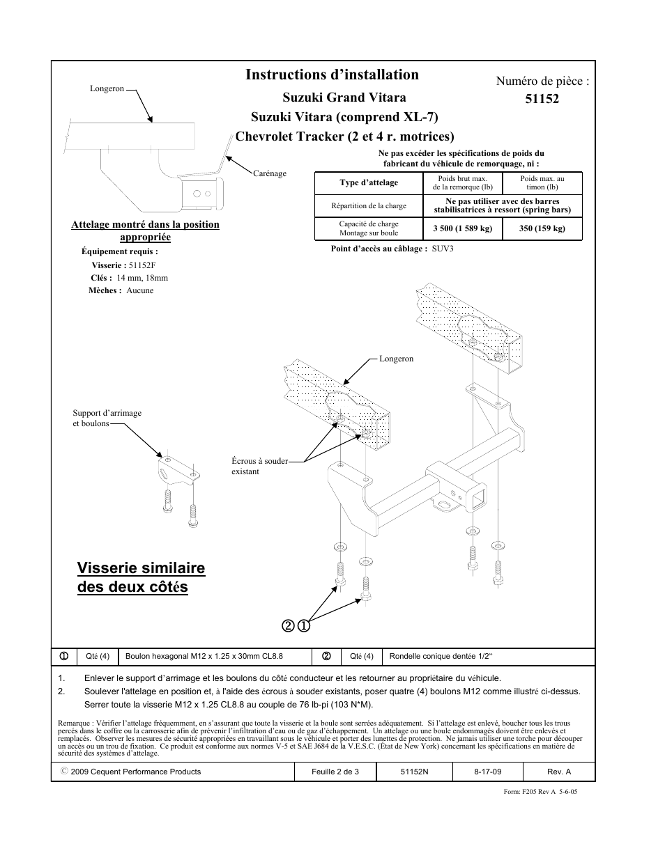 Instructions d’installation, Visserie similaire des deux côtés, Numéro de pièce | Pro Series 51152 51 Receiver User Manual | Page 2 / 3