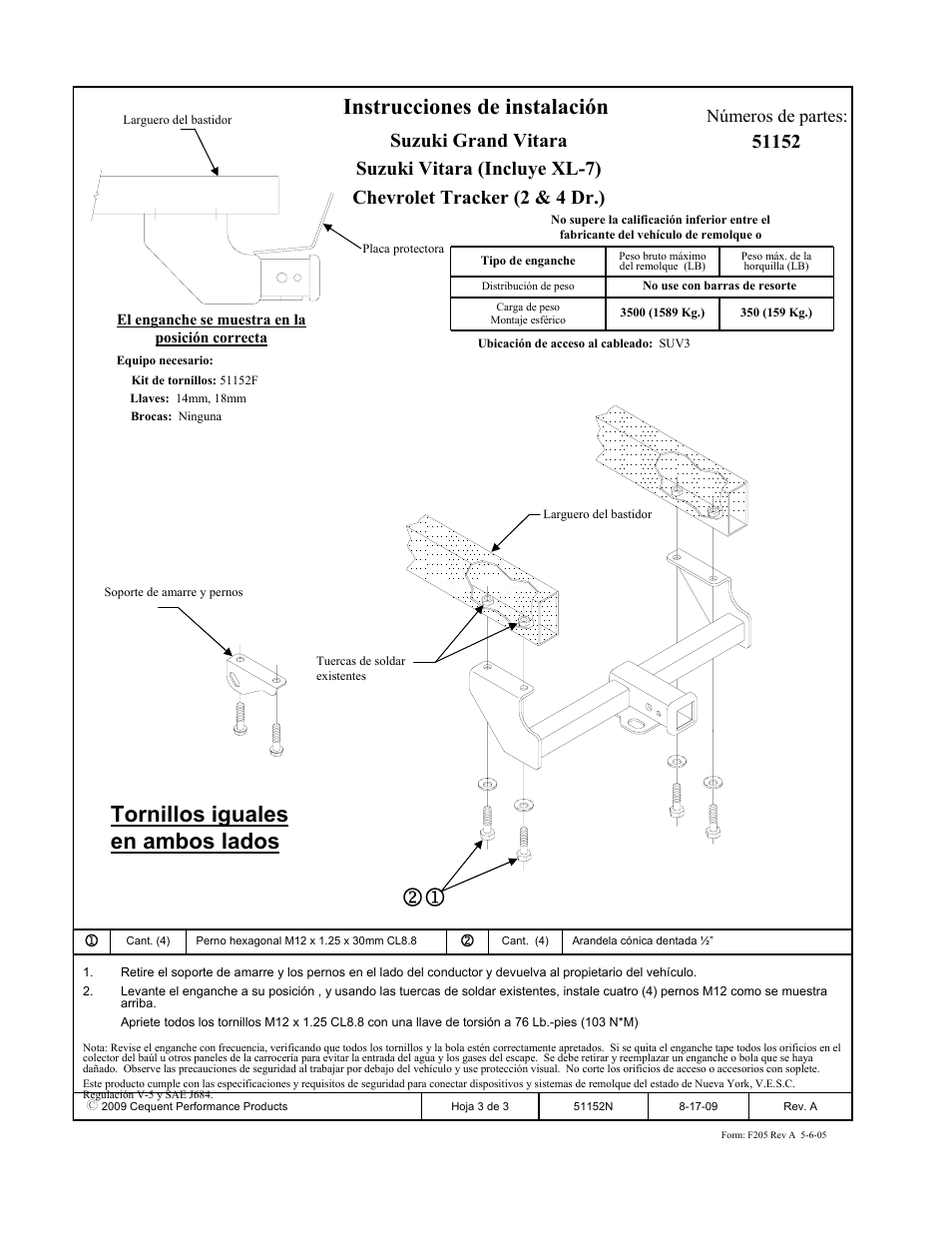 Instrucciones de instalación, Tornillos iguales en ambos lados, Números de partes | Pro Series 51152 51 Receiver User Manual | Page 3 / 3