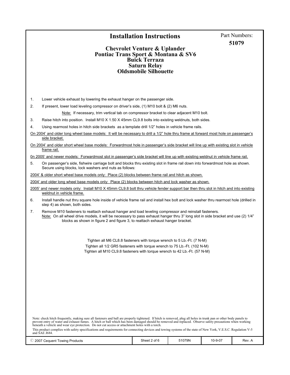 Installation instructions, Part numbers | Pro Series 51079 51 Receiver User Manual | Page 2 / 6