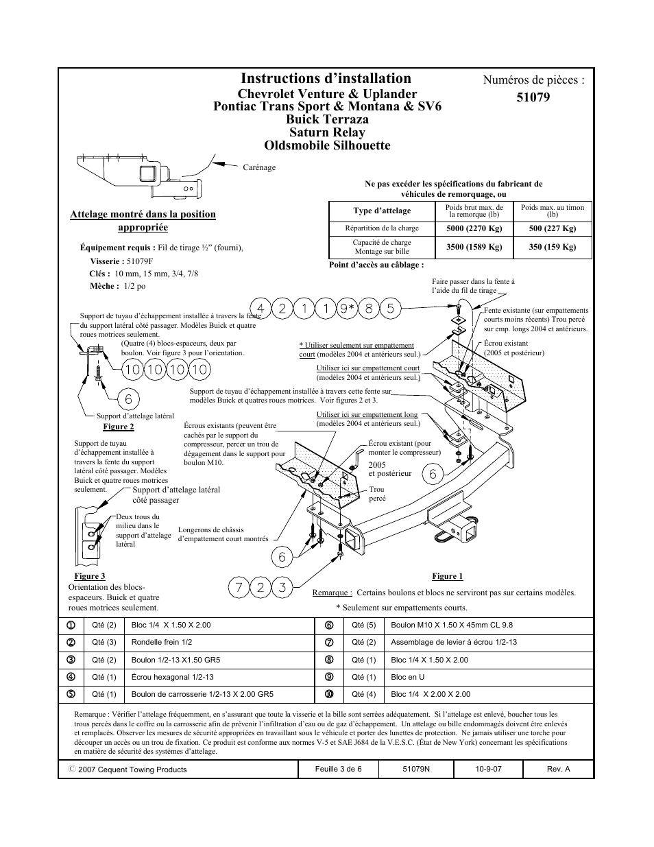 Instructions d’installation, Numéros de pièces | Pro Series 51079 51 Receiver User Manual | Page 3 / 6