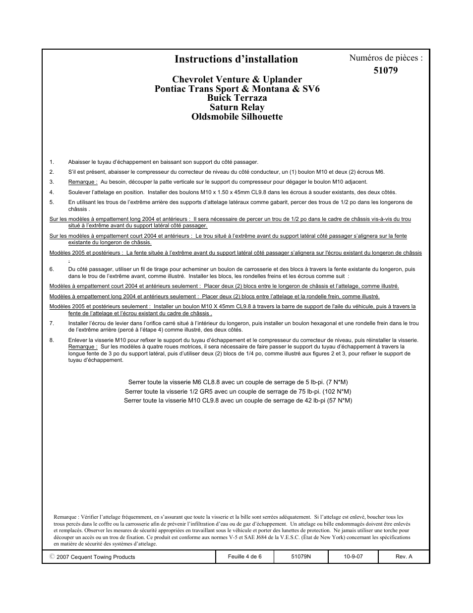 Instructions d’installation, Numéros de pièces | Pro Series 51079 51 Receiver User Manual | Page 4 / 6