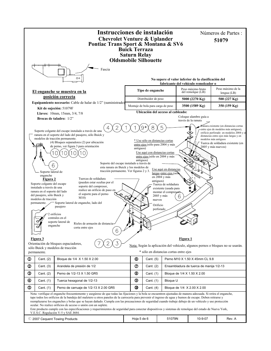 Instrucciones de instalación, Números de partes | Pro Series 51079 51 Receiver User Manual | Page 5 / 6