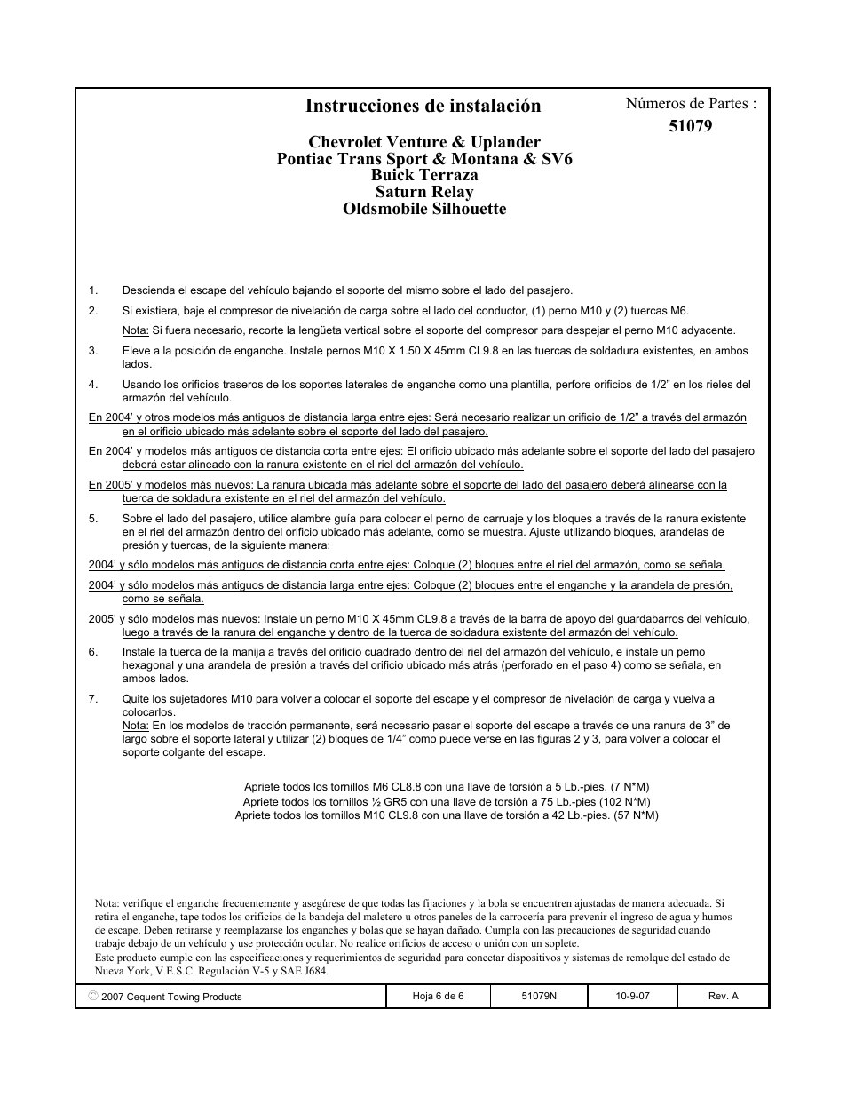 Instrucciones de instalación, Números de partes | Pro Series 51079 51 Receiver User Manual | Page 6 / 6