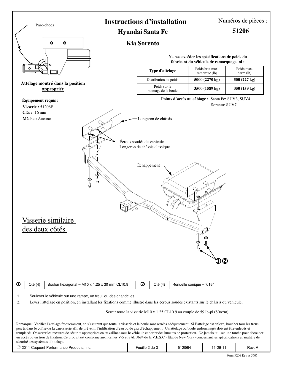 Instructions d’installation, 12 visserie similaire des deux côtés, Hyundai santa fe kia sorento | Numéros de pièces | Pro Series 51206 51 Receiver User Manual | Page 2 / 3