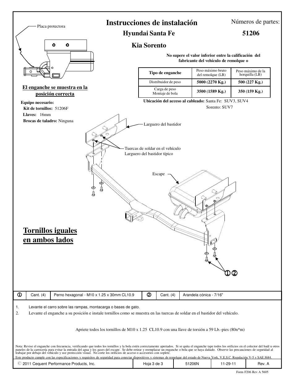 Instrucciones de instalación, 12 tornillos iguales en ambos lados, Hyundai santa fe kia sorento | Números de partes | Pro Series 51206 51 Receiver User Manual | Page 3 / 3