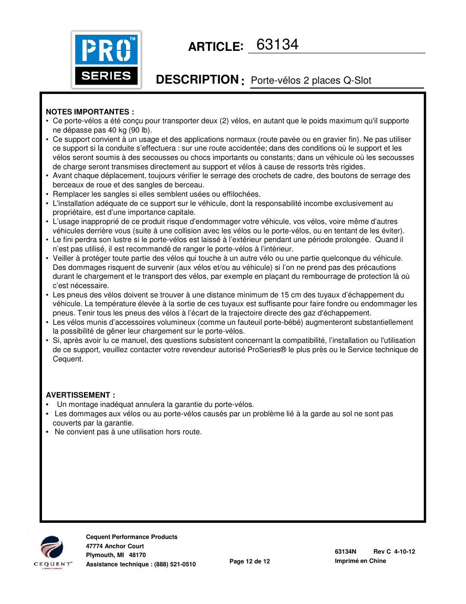 Article description, Porte-vélos 2 places q-slot | Pro Series 63134 BIKE CARRIERS User Manual | Page 12 / 12