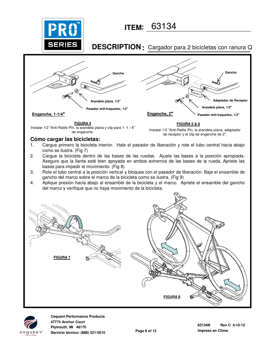 Item description, Cargador para 2 bicicletas con ranura q | Pro Series 63134 BIKE CARRIERS User Manual | Page 6 / 12