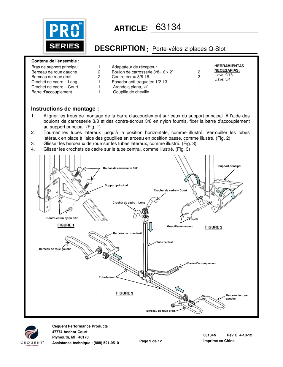 Article description, Porte-vélos 2 places q-slot, Instructions de montage | Pro Series 63134 BIKE CARRIERS User Manual | Page 9 / 12