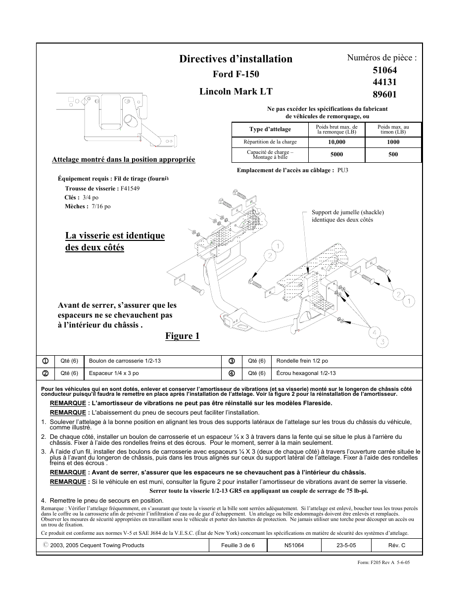 Directives d’installation, Ford f-150 lincoln mark lt, La visserie est identique des deux côtés figure 1 | Numéros de pièce | Pro Series 89601 51 Receiver User Manual | Page 3 / 6