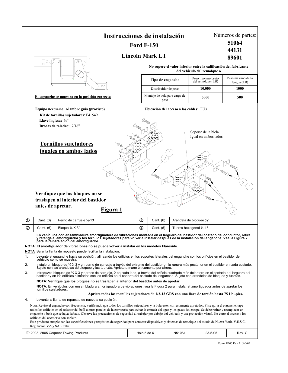 Instrucciones de instalación, Ford f-150 lincoln mark lt, Números de partes | Pro Series 89601 51 Receiver User Manual | Page 5 / 6