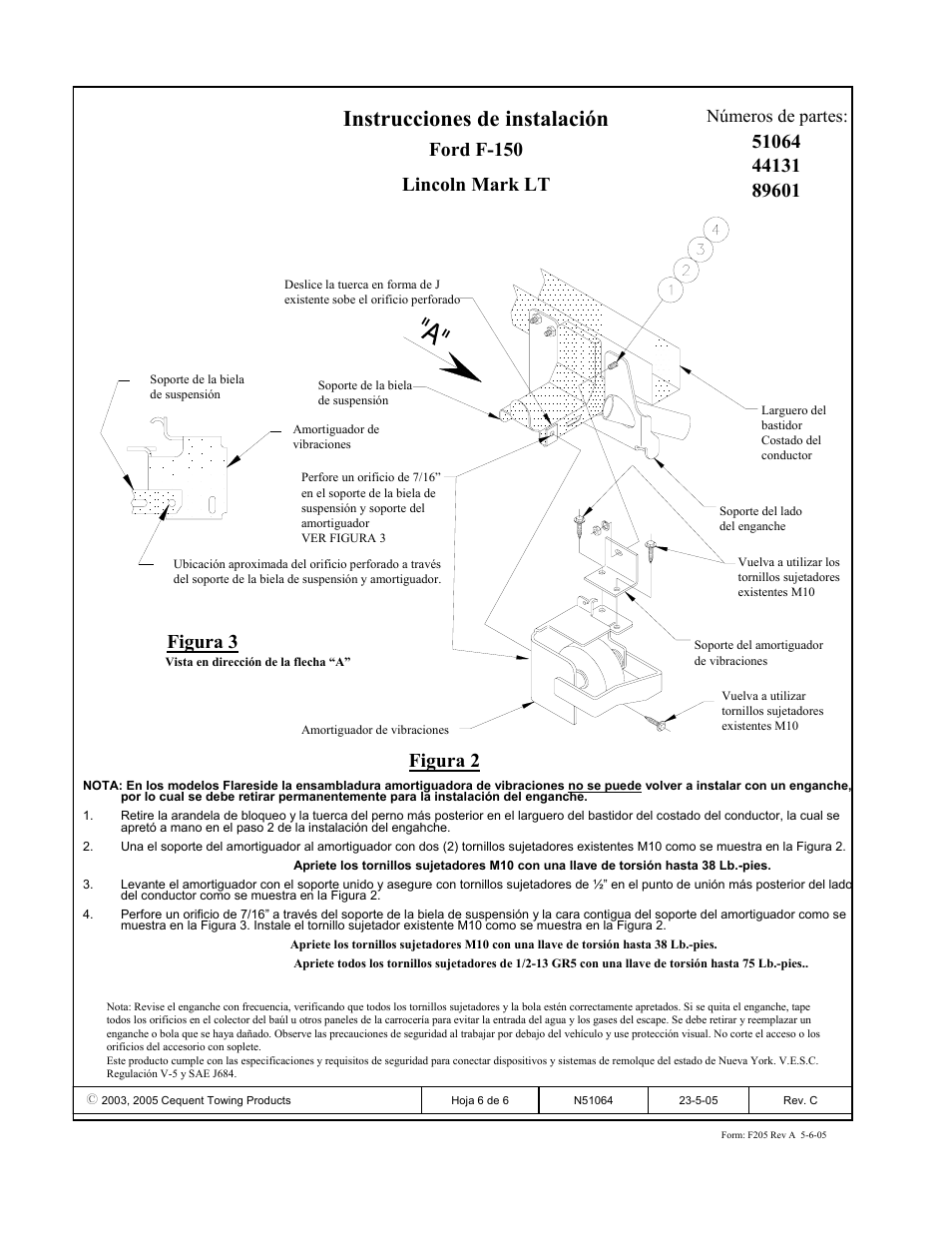 Instrucciones de instalación, Ford f-150 lincoln mark lt, Figura 2 figura 3 | Números de partes | Pro Series 89601 51 Receiver User Manual | Page 6 / 6