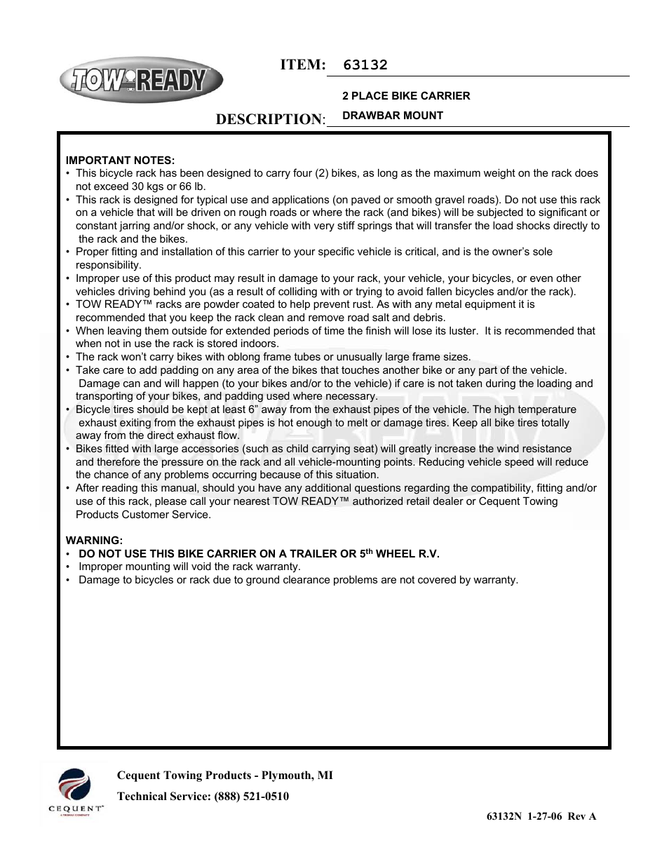 Item: description | Pro Series 63132 BIKE CARRIERS User Manual | Page 2 / 6