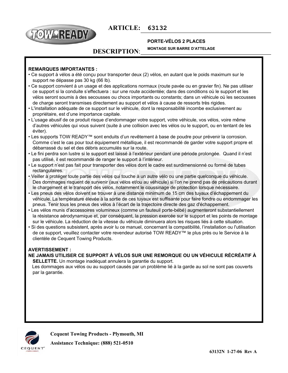 Article: description | Pro Series 63132 BIKE CARRIERS User Manual | Page 4 / 6