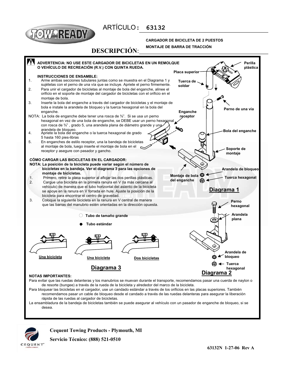 Artículo : descripción, Diagrama 1 diagrama 2, Diagrama 3 | Pro Series 63132 BIKE CARRIERS User Manual | Page 5 / 6