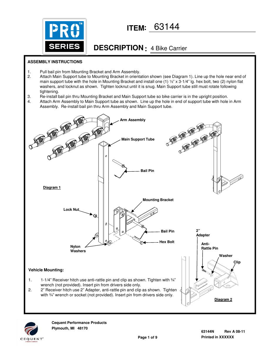 Draw-Tite 63144 BIKE CARRIER TRANSLITE User Manual | 9 pages