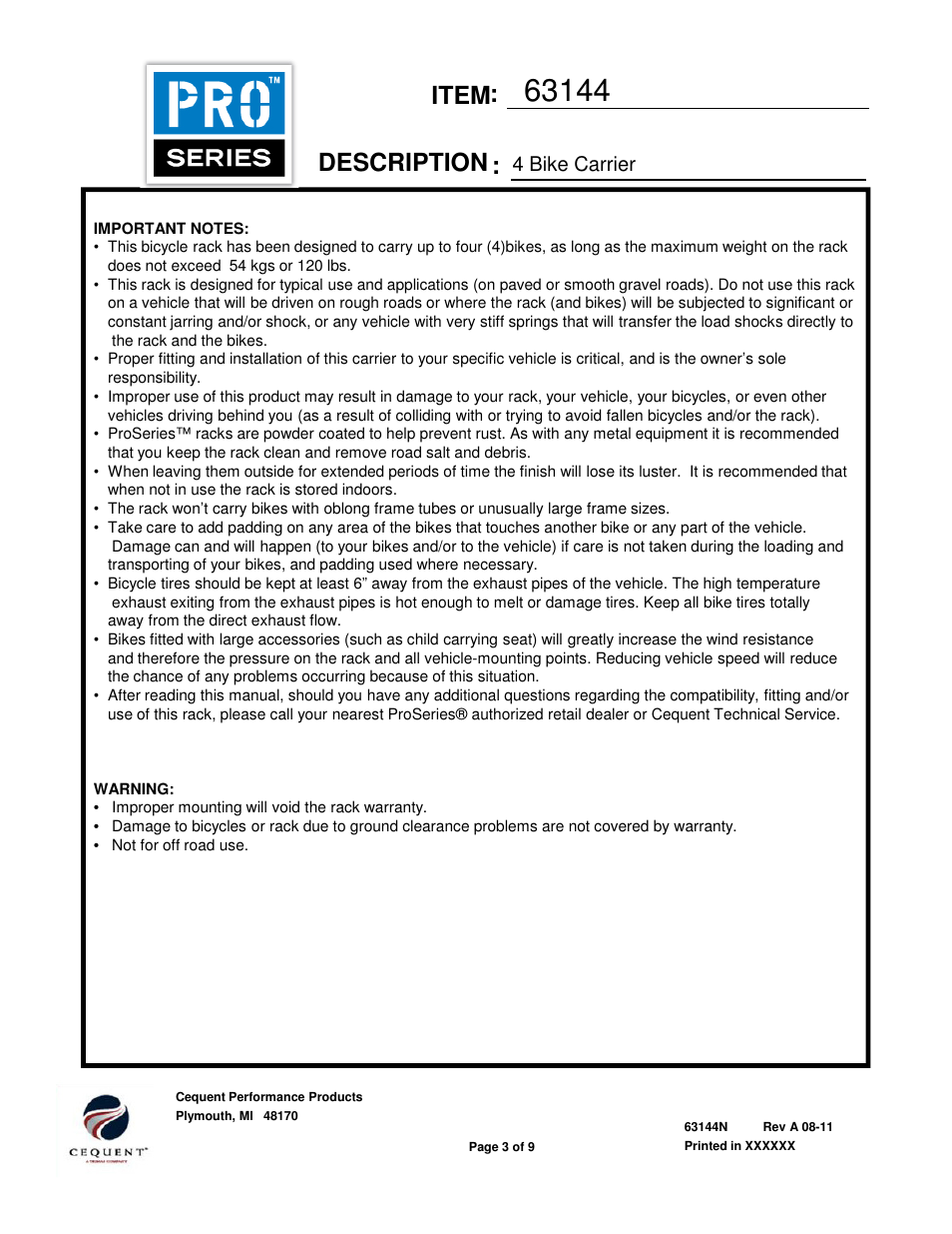 Item description, 4 bike carrier | Draw-Tite 63144 BIKE CARRIER TRANSLITE User Manual | Page 3 / 9