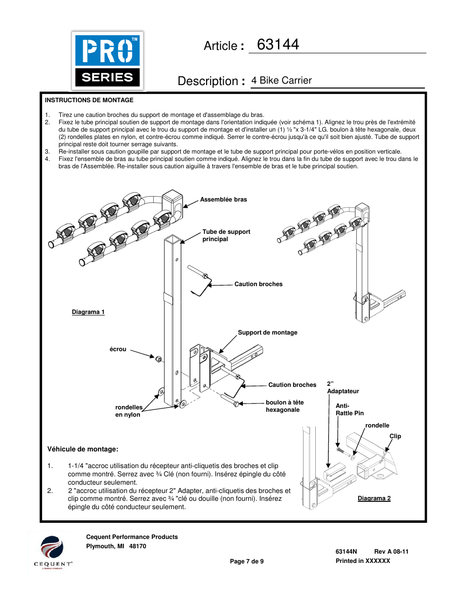 Article : description, 4 bike carrier | Draw-Tite 63144 BIKE CARRIER TRANSLITE User Manual | Page 7 / 9