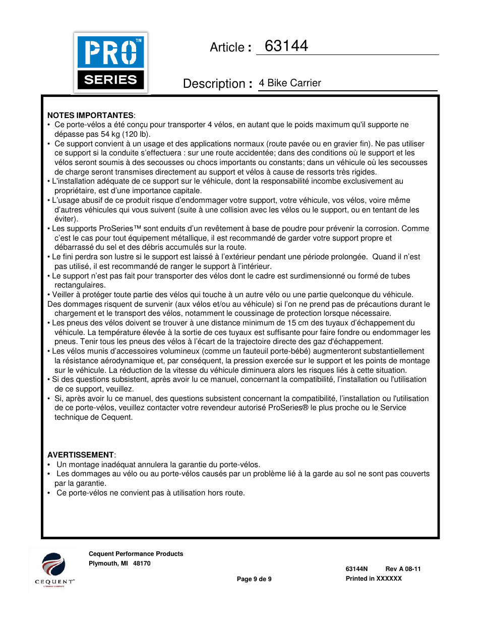Article : description, 4 bike carrier | Draw-Tite 63144 BIKE CARRIER TRANSLITE User Manual | Page 9 / 9