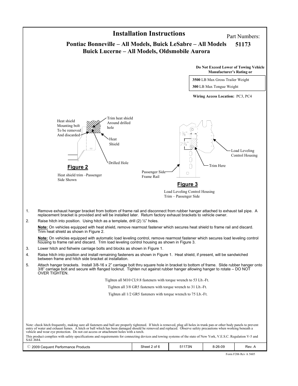 Installation instructions, Part numbers | Pro Series 51173 51 Receiver User Manual | Page 2 / 6