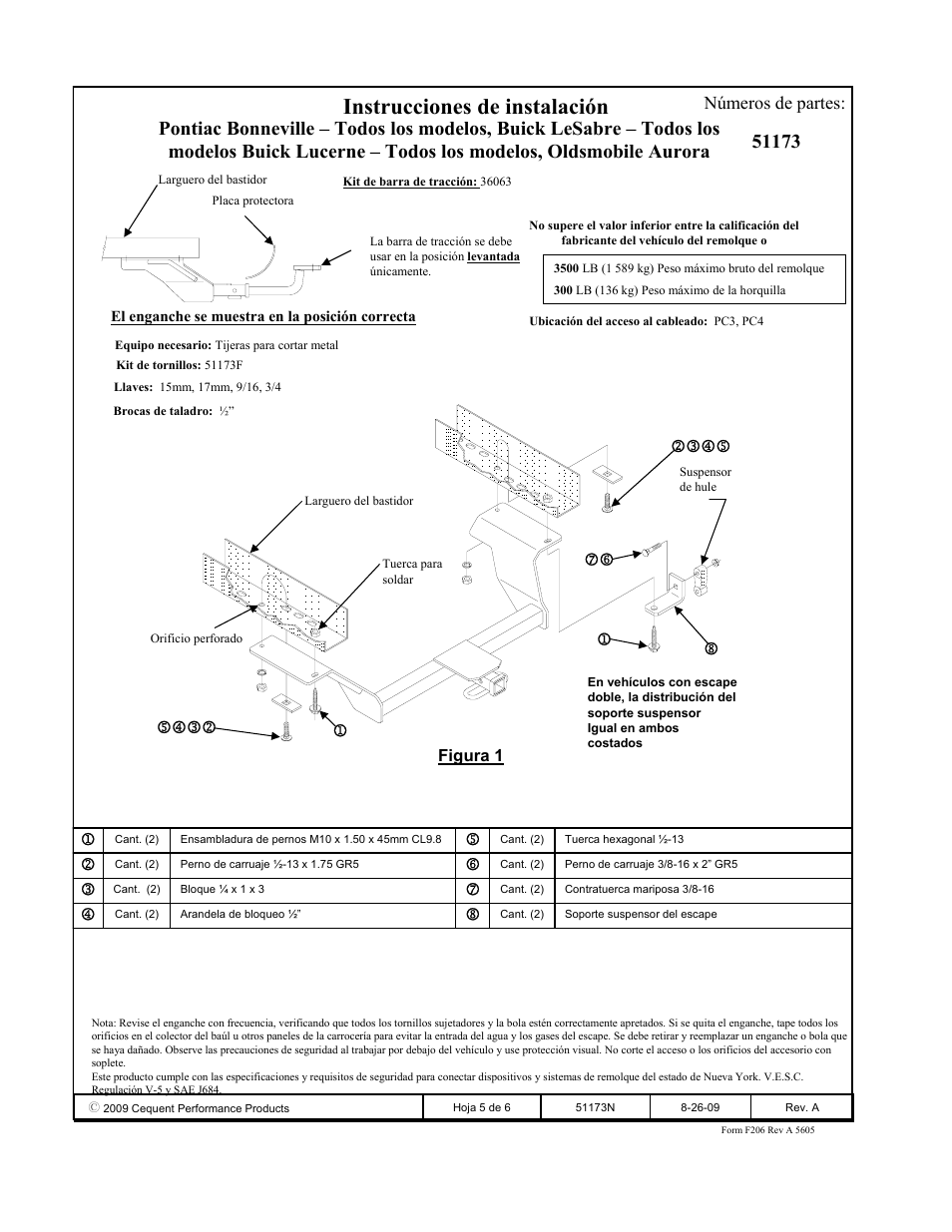 Instrucciones de instalación, Números de partes | Pro Series 51173 51 Receiver User Manual | Page 5 / 6