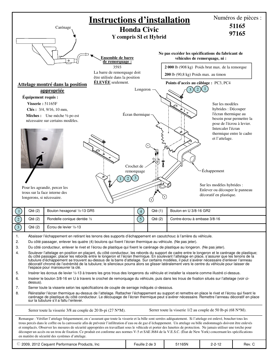 Instructions d’installation, Honda civic, Numéros de pièces | Y compris si et hybrid | Pro Series 97165 51 Receiver User Manual | Page 2 / 3