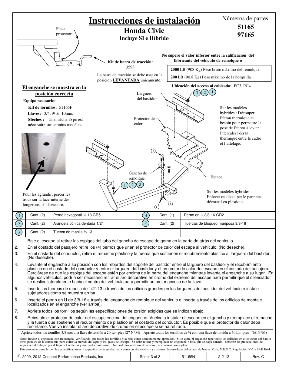 Instrucciones de instalación, Honda civic, Números de partes | Incluye si e híbrido | Pro Series 97165 51 Receiver User Manual | Page 3 / 3