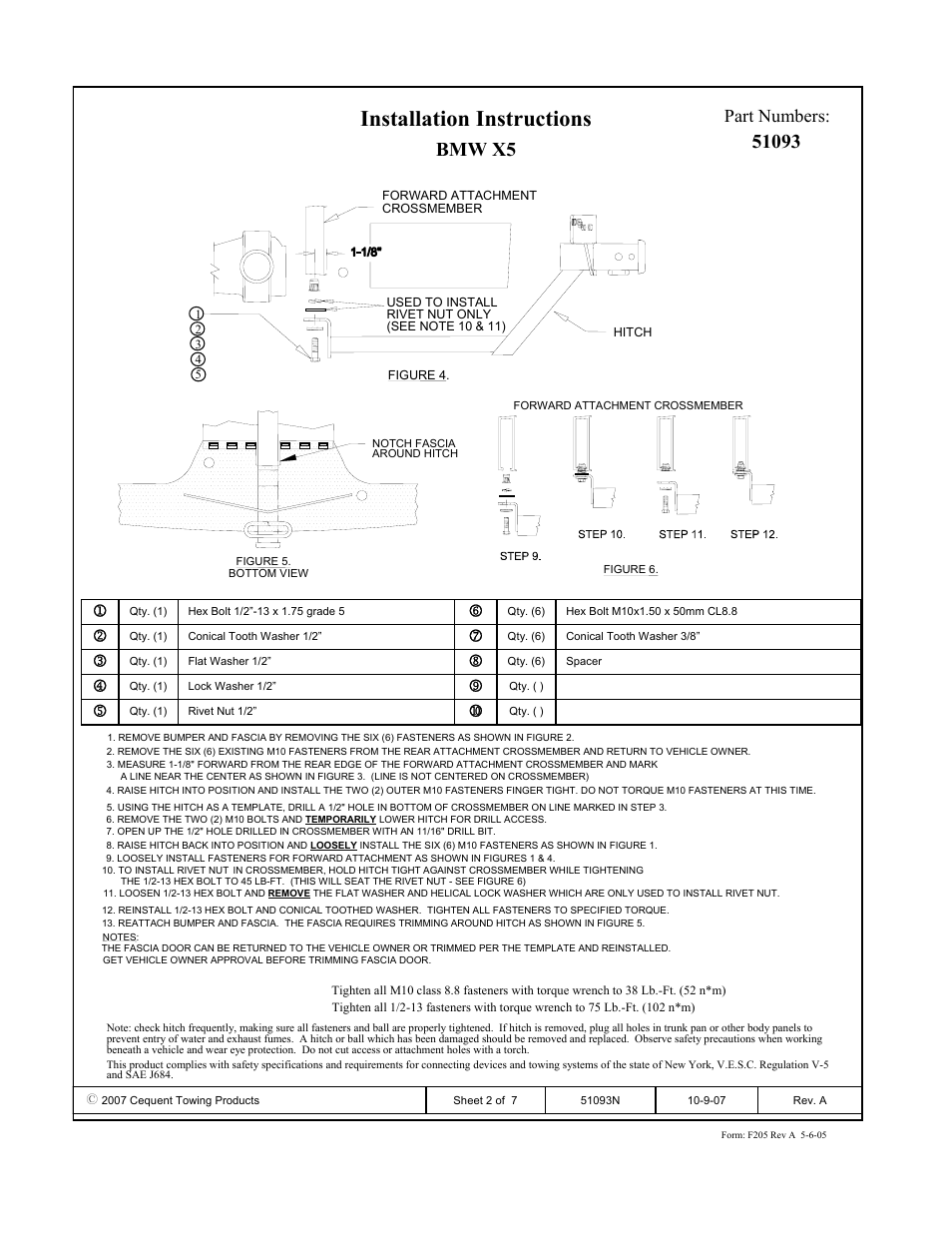 Installation instructions, Bmw x5, Part numbers | Pro Series 51093 51 Receiver User Manual | Page 2 / 7
