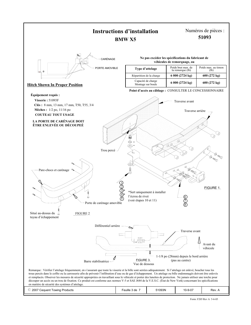 Instructions d’installation, Bmw x5, Numéros de pièces | Pro Series 51093 51 Receiver User Manual | Page 3 / 7