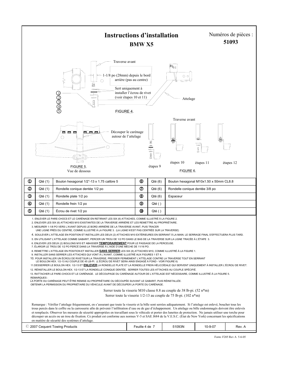 Instructions d’installation, Bmw x5, Numéros de pièces | Pro Series 51093 51 Receiver User Manual | Page 4 / 7