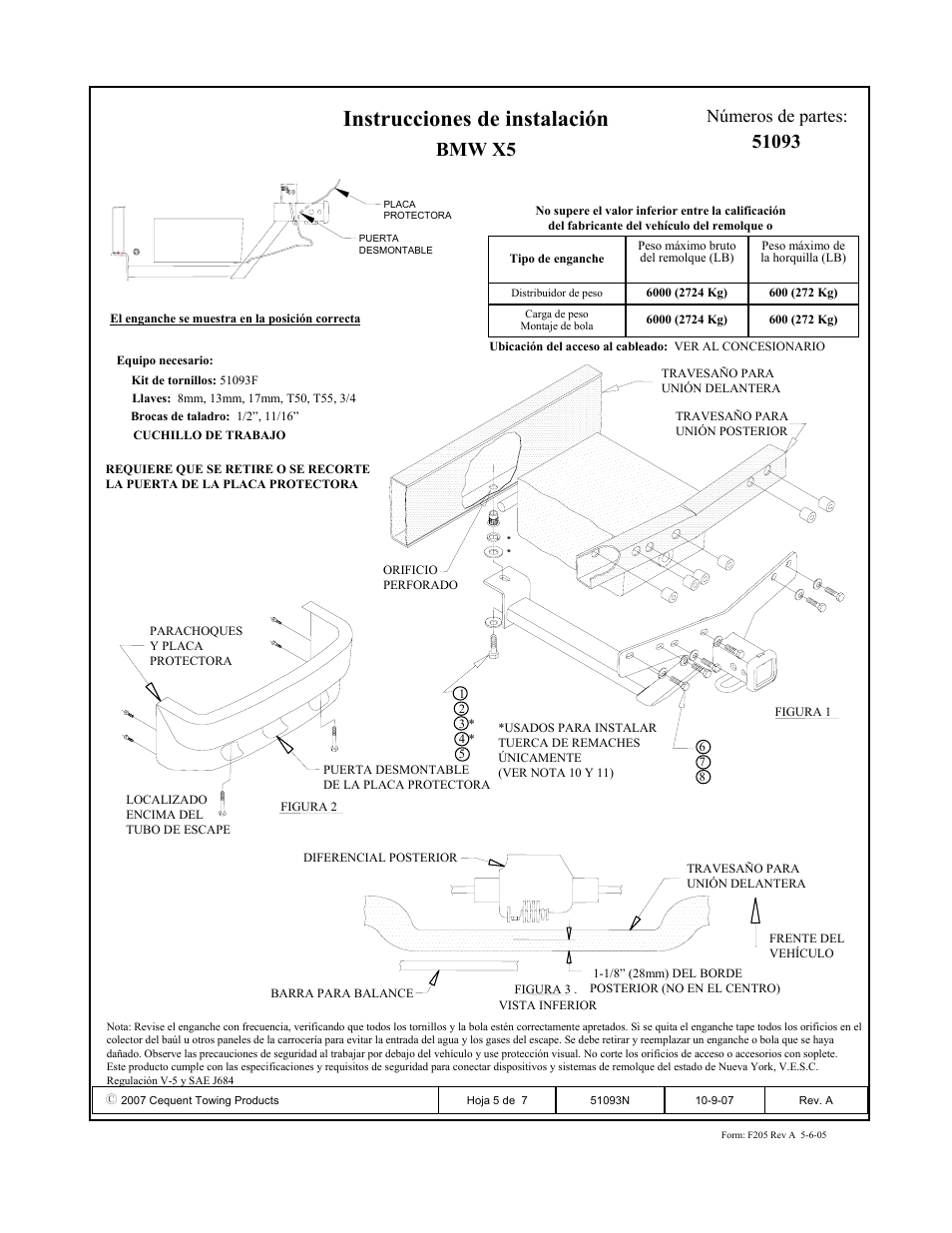 Instrucciones de instalación, Bmw x5, Números de partes | Pro Series 51093 51 Receiver User Manual | Page 5 / 7