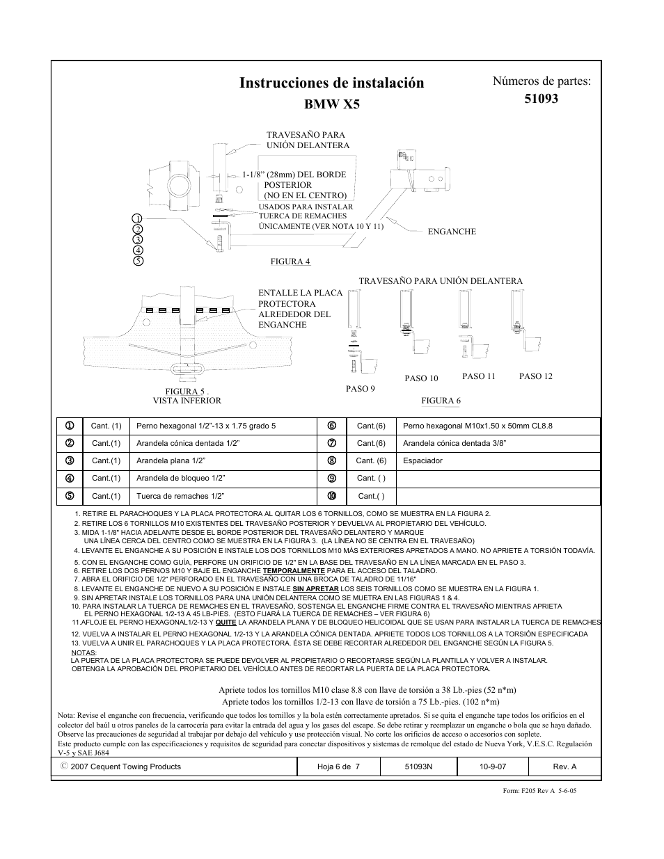 Instrucciones de instalación, Bmw x5, Números de partes | Pro Series 51093 51 Receiver User Manual | Page 6 / 7