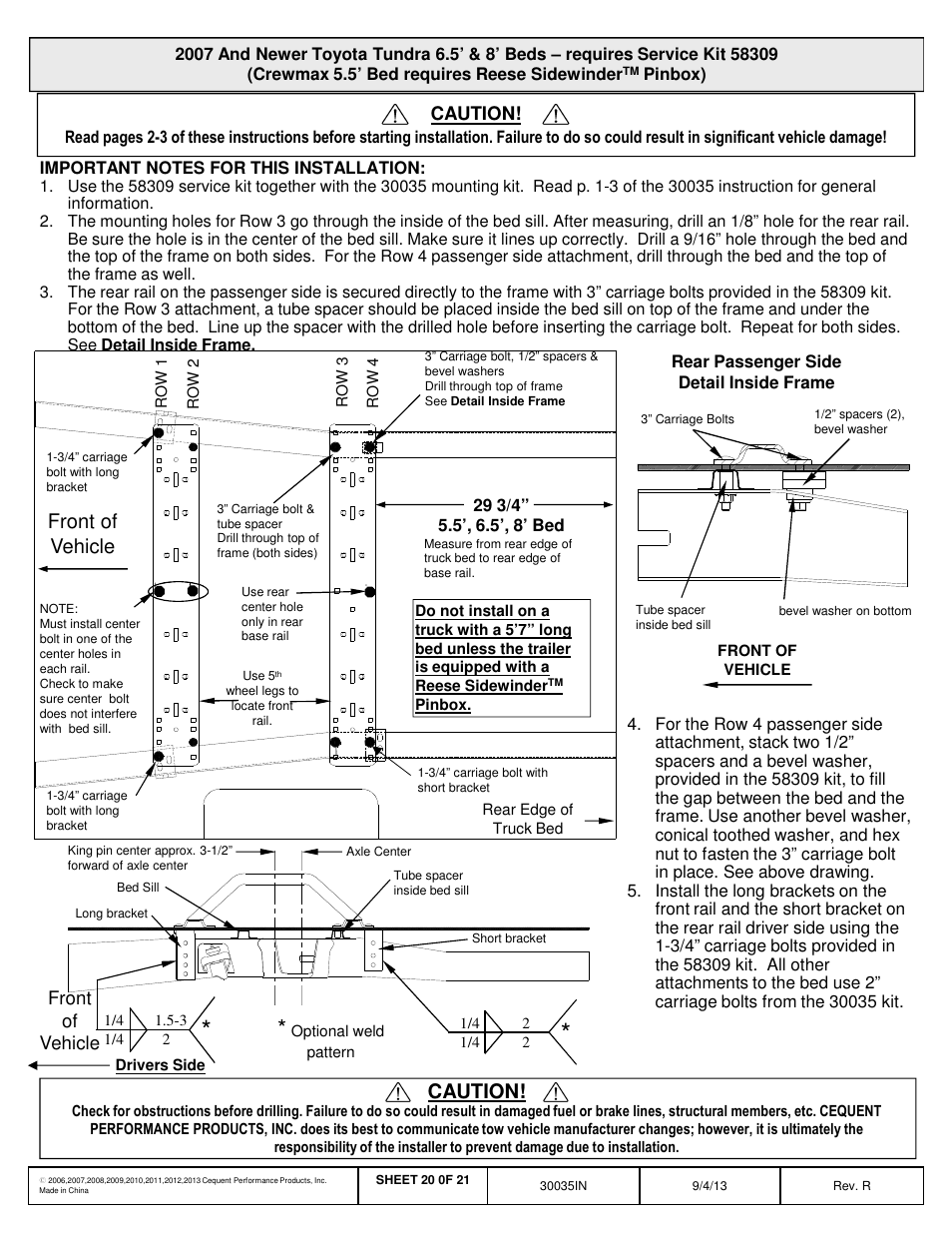 Front of vehicle, Caution | Draw-Tite 30035 FIFTH WHEEL RAILS User Manual | Page 21 / 22