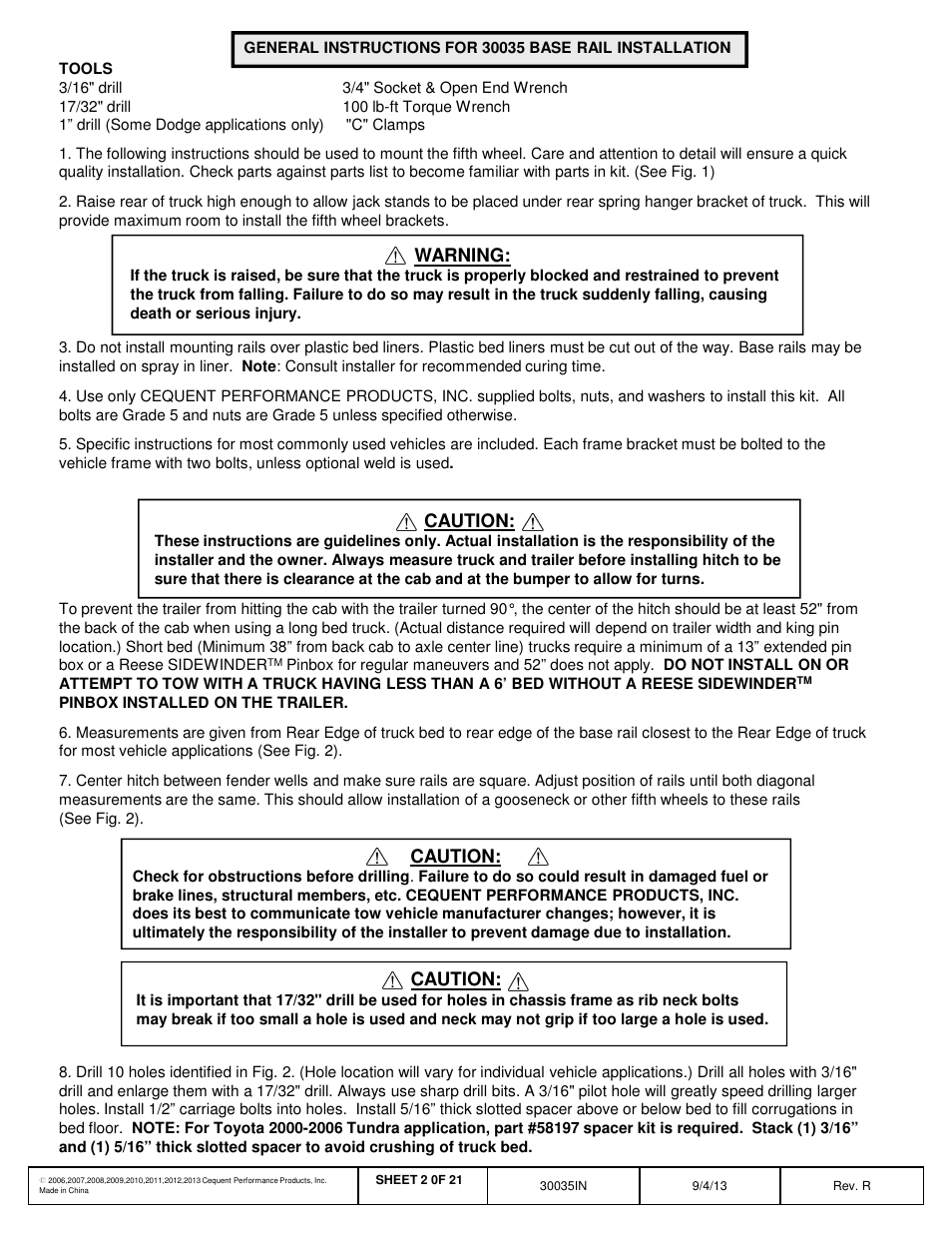 Warning, Caution | Draw-Tite 30035 FIFTH WHEEL RAILS User Manual | Page 3 / 22