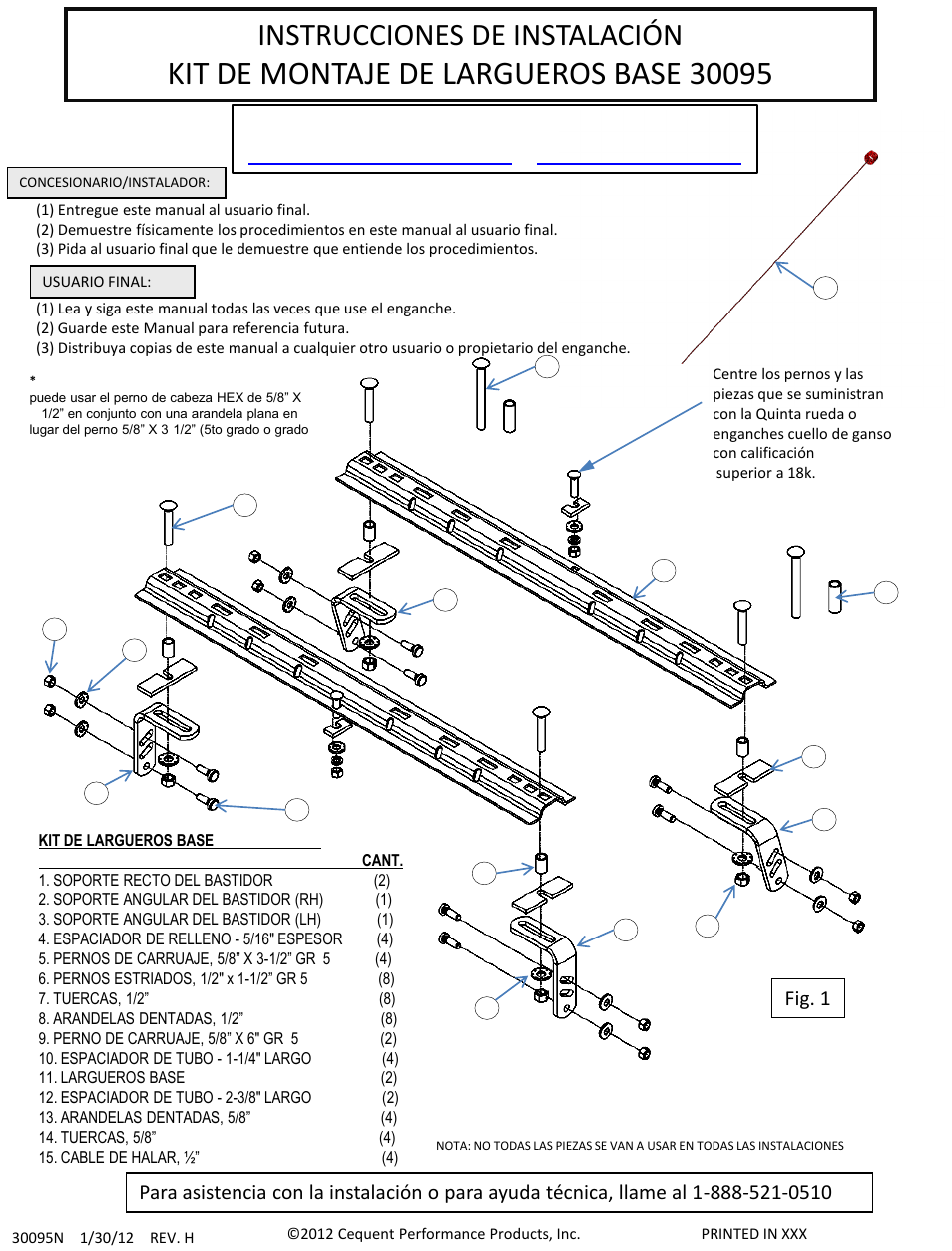 Instrucciones de instalación, Fig. 1 | Draw-Tite 30095 FIFTH WHEEL RAILS User Manual | Page 35 / 51
