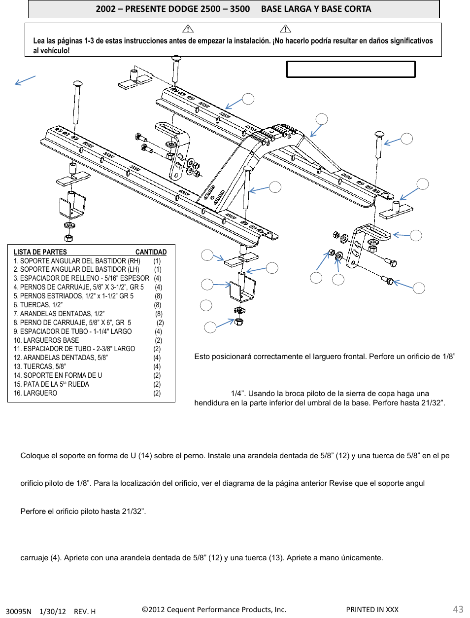 Precaución, Frente del vehículo | Draw-Tite 30095 FIFTH WHEEL RAILS User Manual | Page 43 / 51