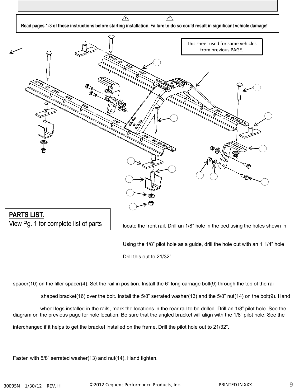Parts list. view pg. 1 for complete list of parts | Draw-Tite 30095 FIFTH WHEEL RAILS User Manual | Page 9 / 51