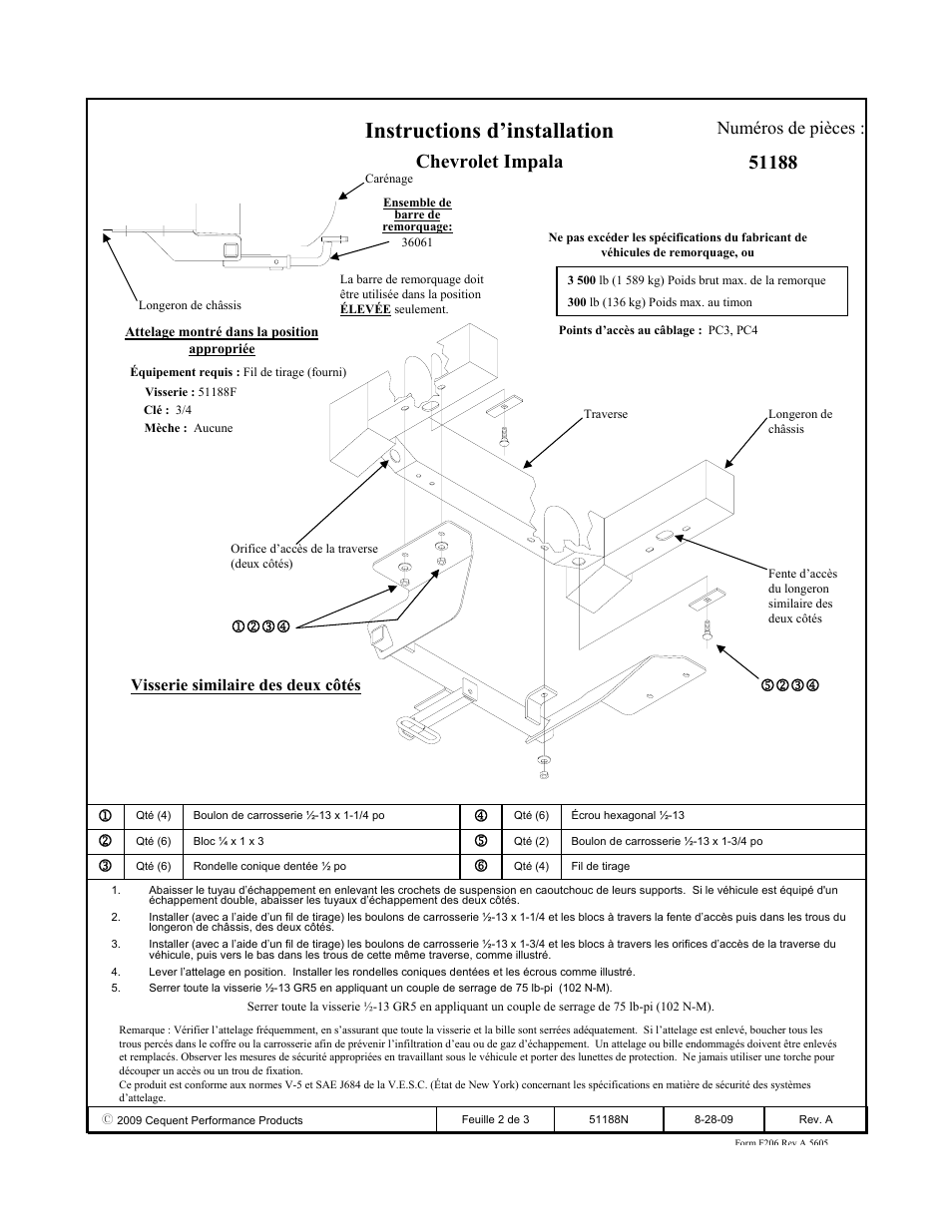 Instructions d’installation, Chevrolet impala, Numéros de pièces | Pro Series 51188 51 Receiver User Manual | Page 2 / 3