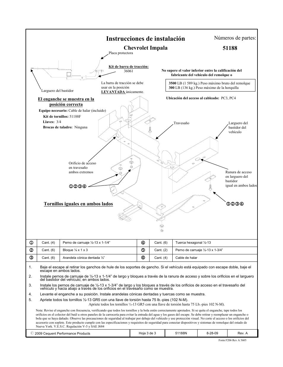 Instrucciones de instalación, Chevrolet impala, Números de partes | Pro Series 51188 51 Receiver User Manual | Page 3 / 3